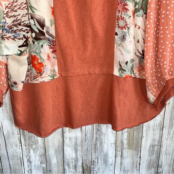 Umgee Orange Mixed Print Floral & Polka Dot Dolman Blouse - Picture 3 of 4